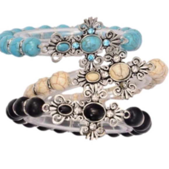 PandorakittyMK/EuroKatGifts Jewelry - Silver Cross Bracelet Tourquise  BLUE semi-precious stones crackle beads.